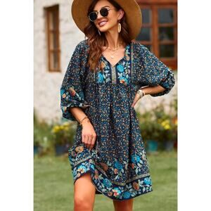 Women's pretty puffed sleeve floral printed prairie style dress size M by Qearal